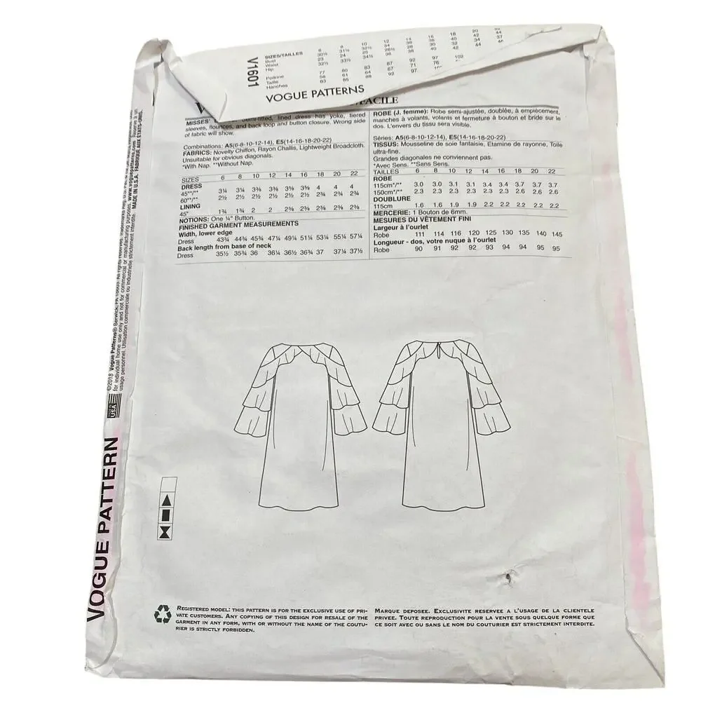 Vogue Sewing Pattern V1601 ISAAC MIZRAHI 2018 Shift Dress Tiered Sleeves Sz 6-14